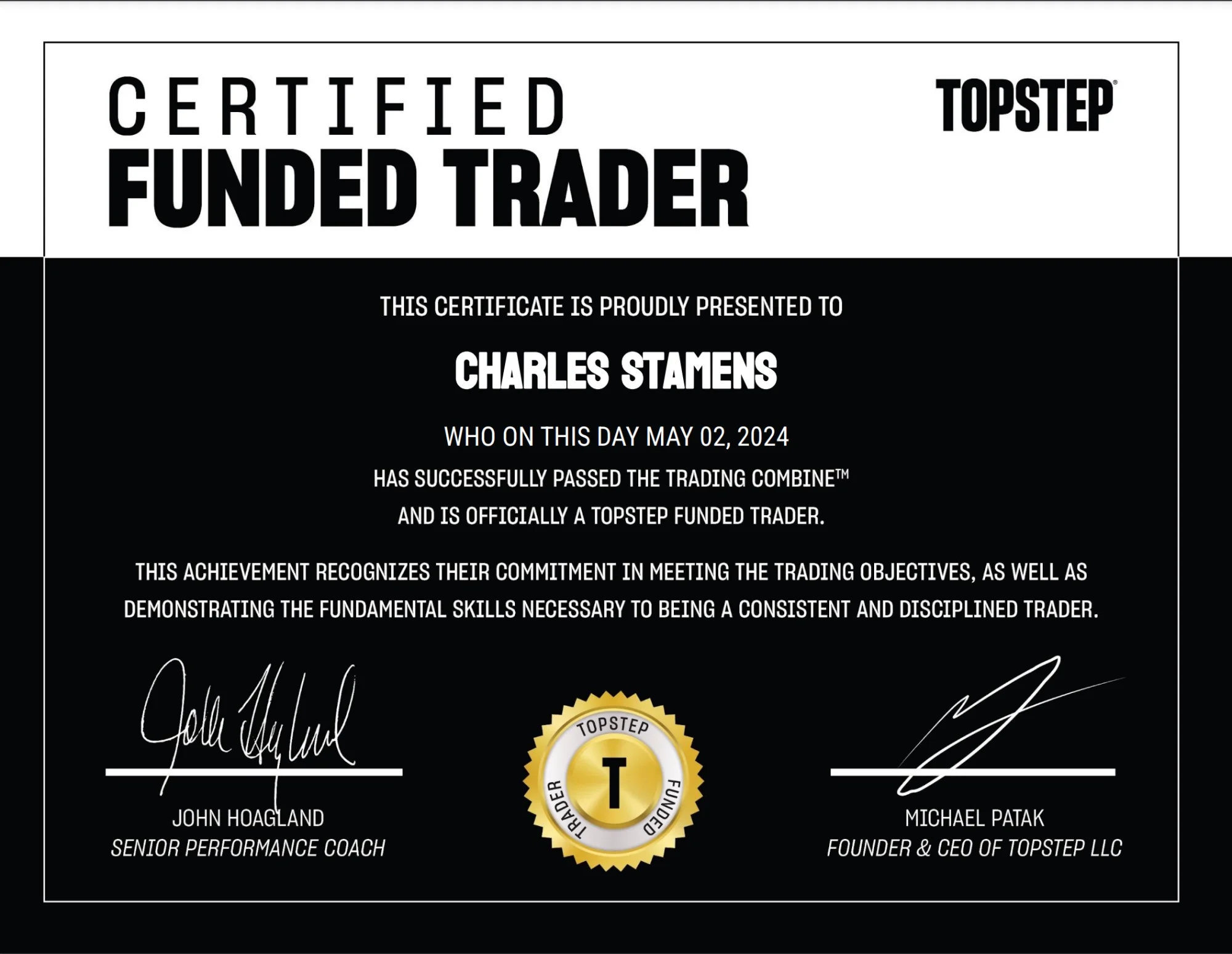 Certification TopStep - Charles Stamens