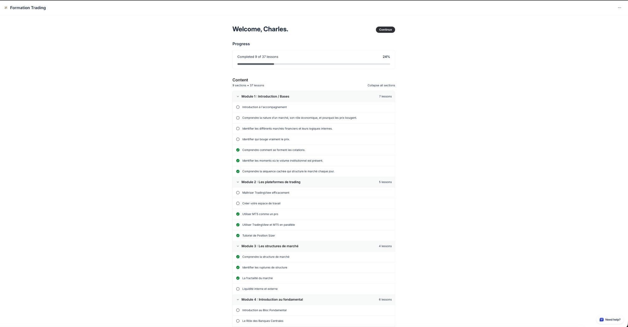 Formation Trading — 9 sections, 37 leçons structurées
