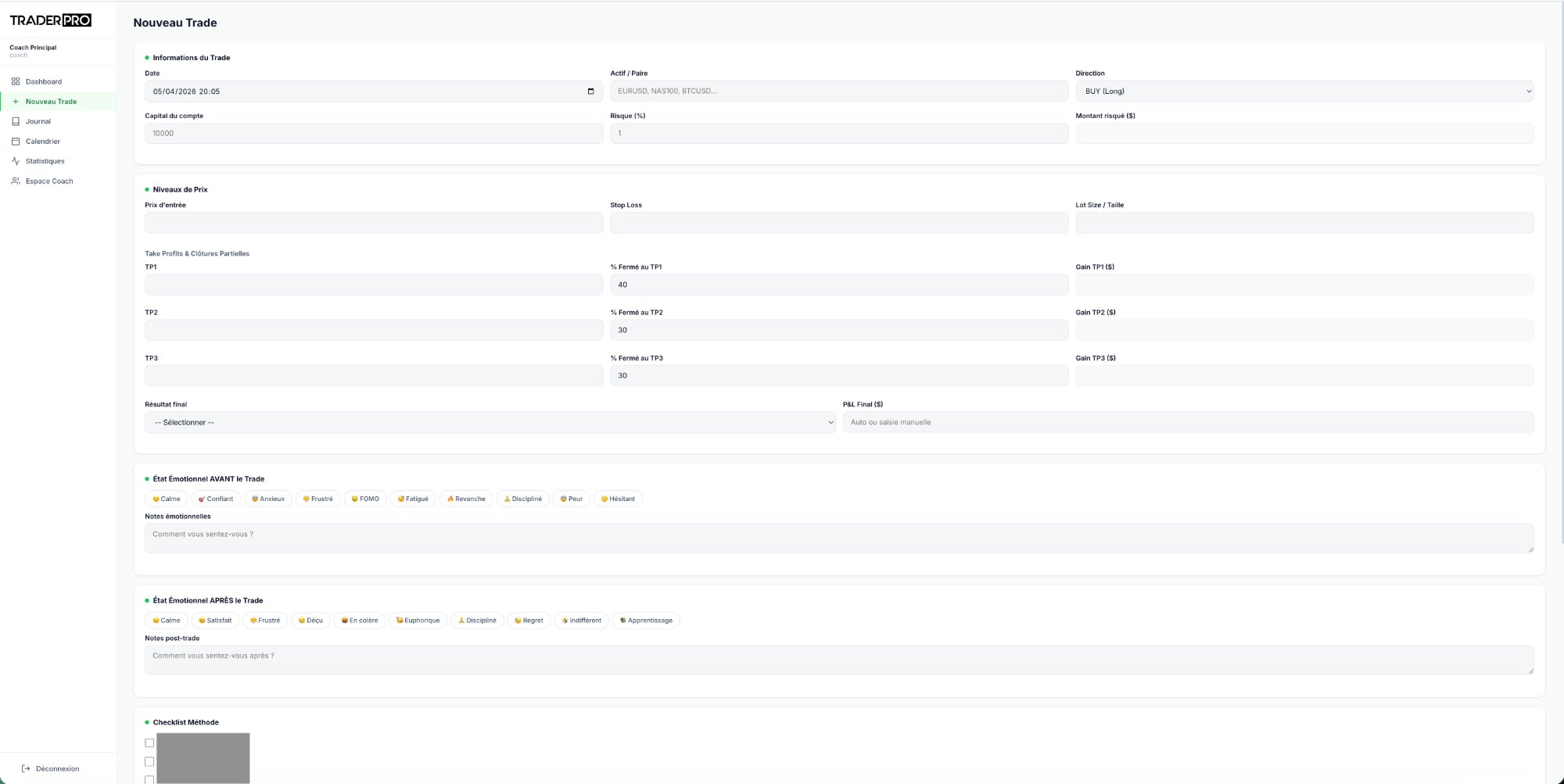 Journal de trading intégré avec suivi émotionnel