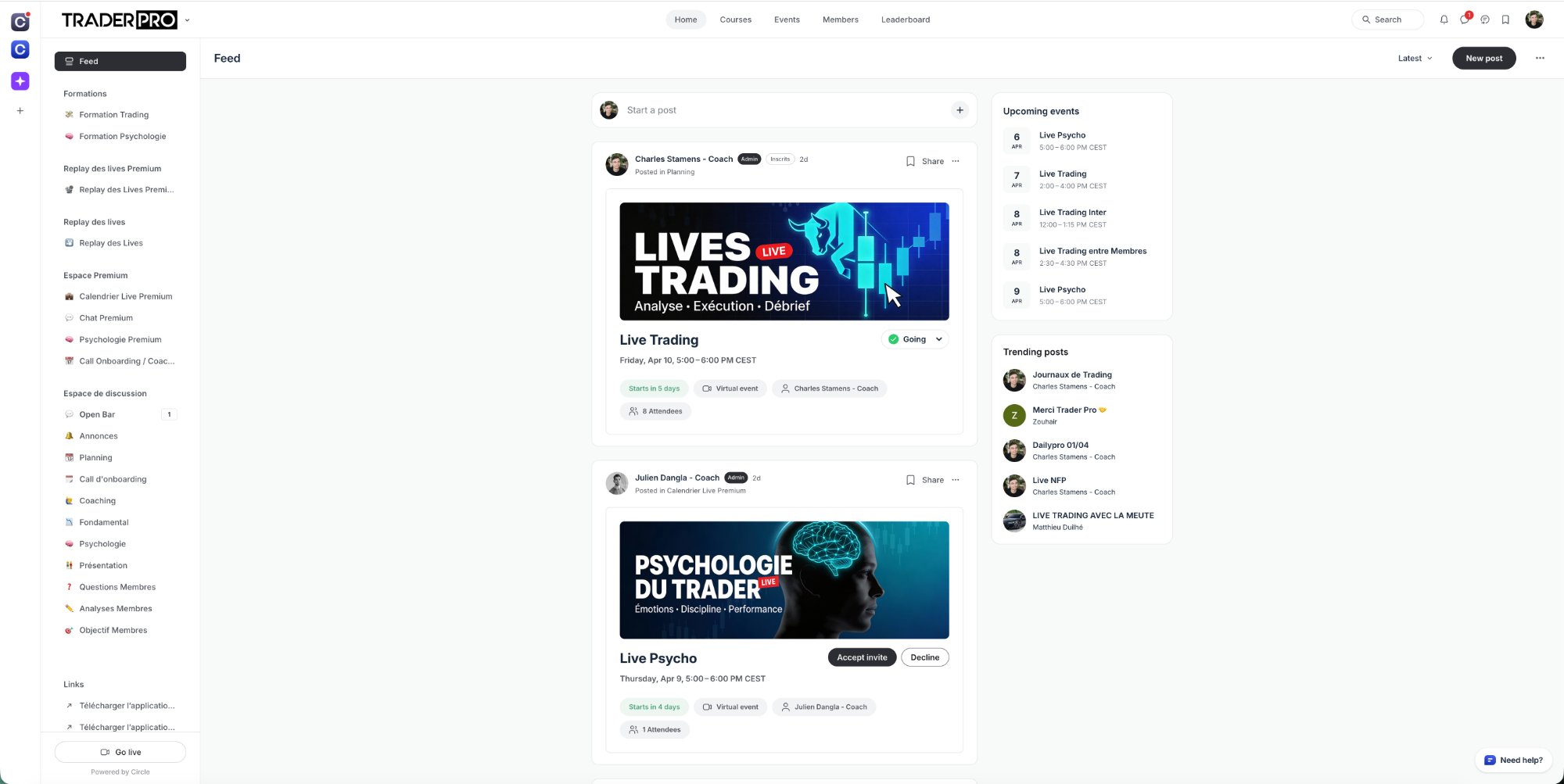 Plateforme de formation — fil d'actualité et espaces